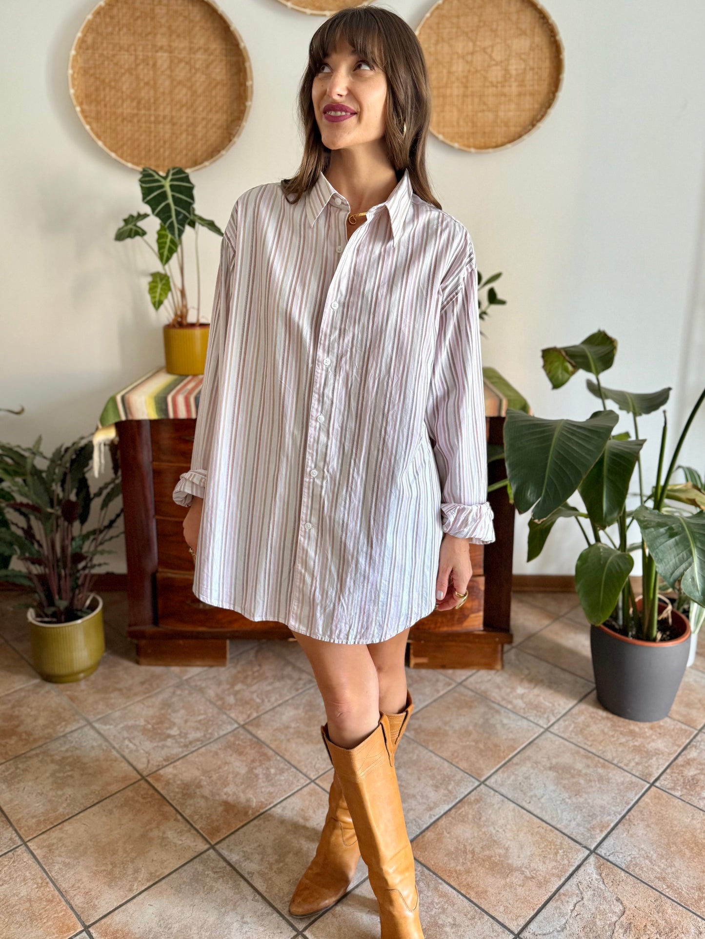 1990's vintage oversize white shirt with pink and tan vertical stripes