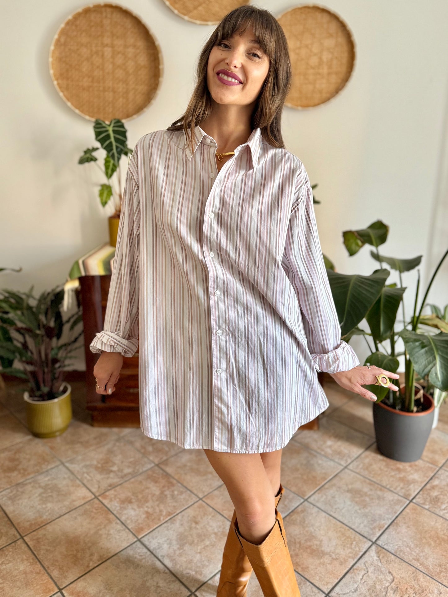 1990's vintage oversize white shirt with pink and tan vertical stripes