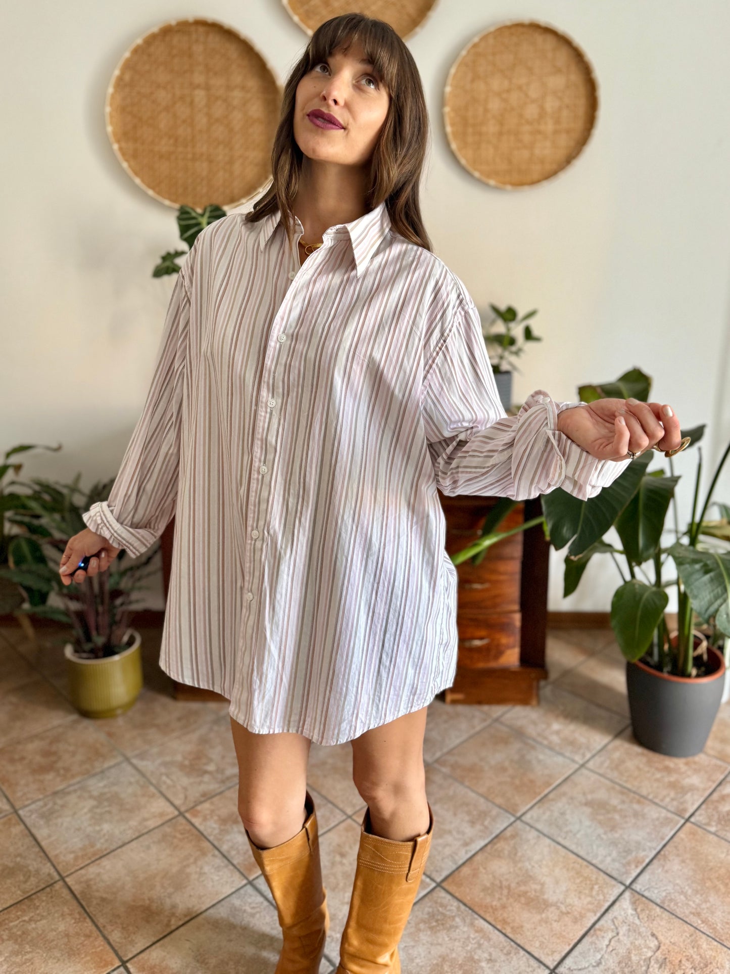 1990's vintage oversize white shirt with pink and tan vertical stripes