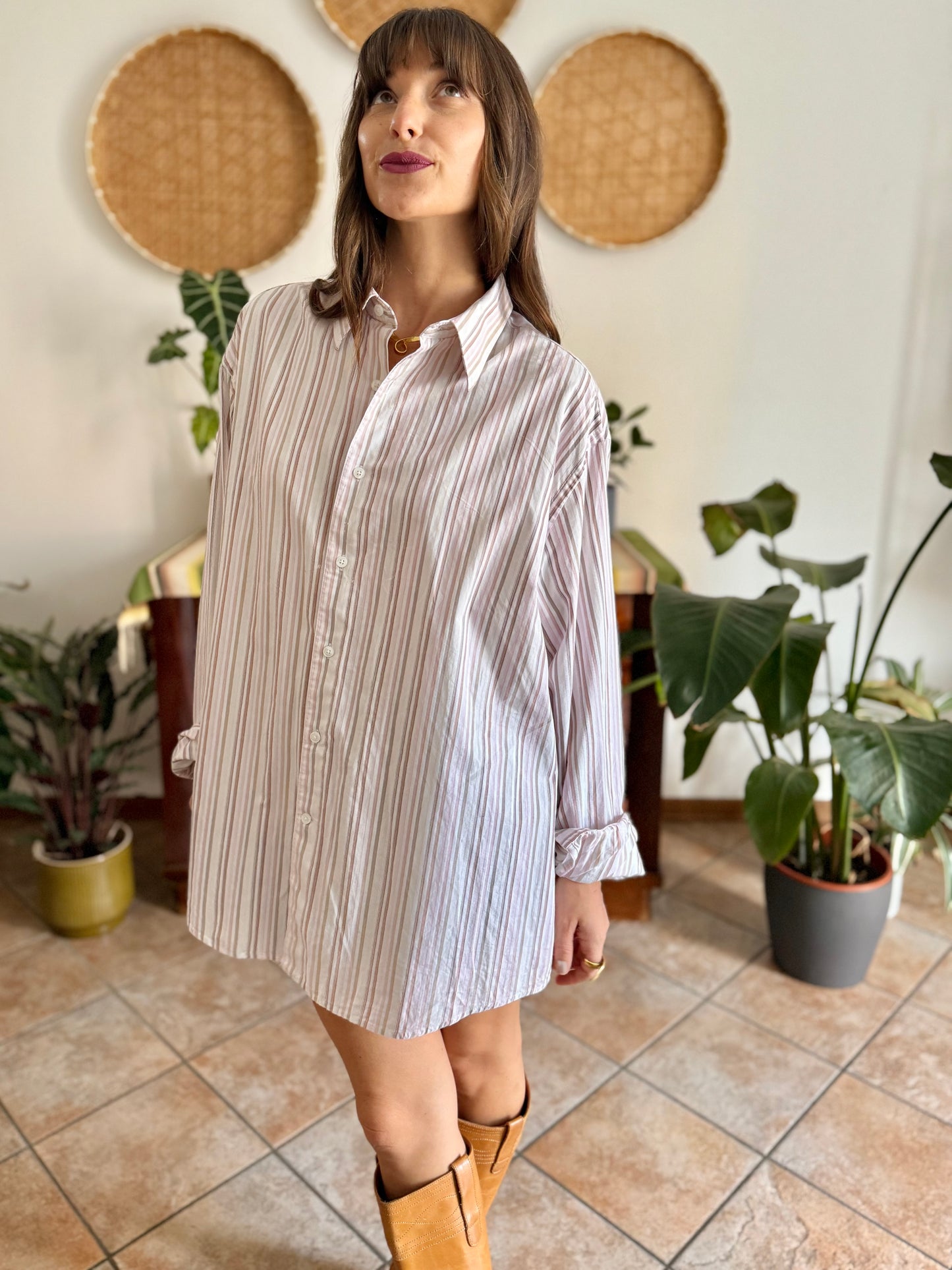1990's vintage oversize white shirt with pink and tan vertical stripes