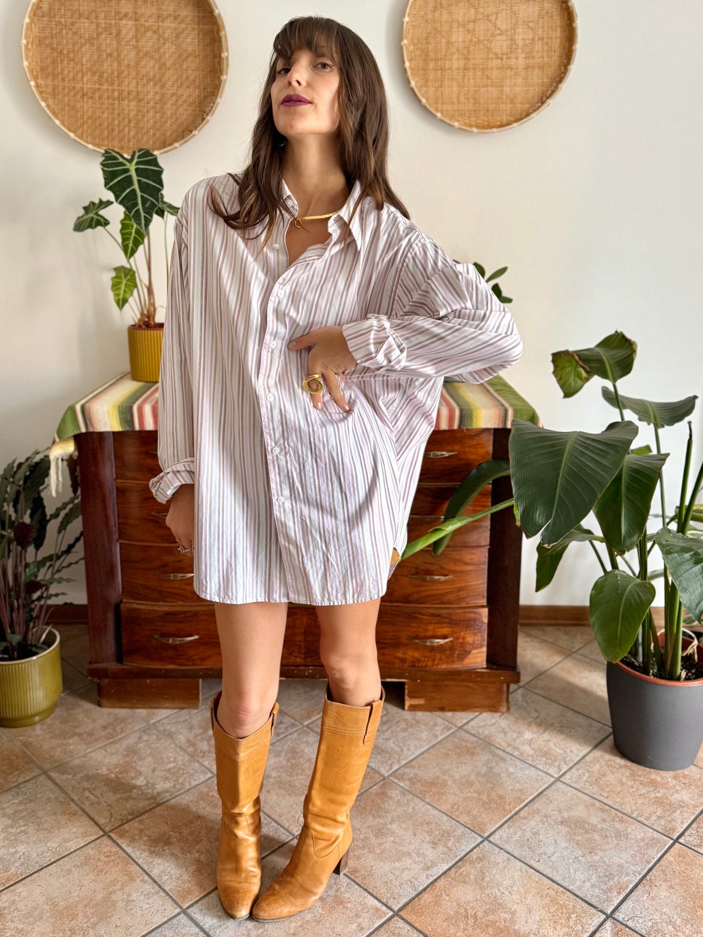1990's vintage oversize white shirt with pink and tan vertical stripes