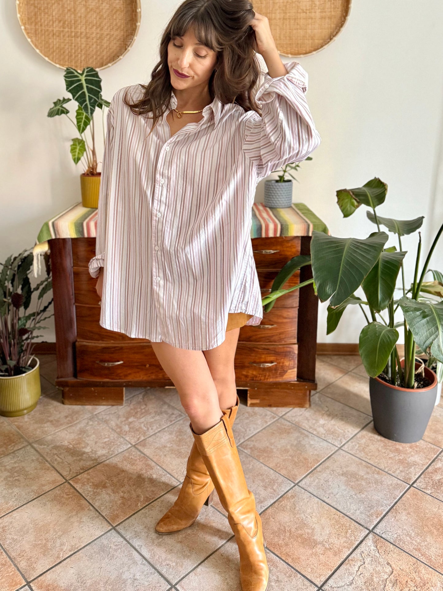 1990's vintage oversize white shirt with pink and tan vertical stripes