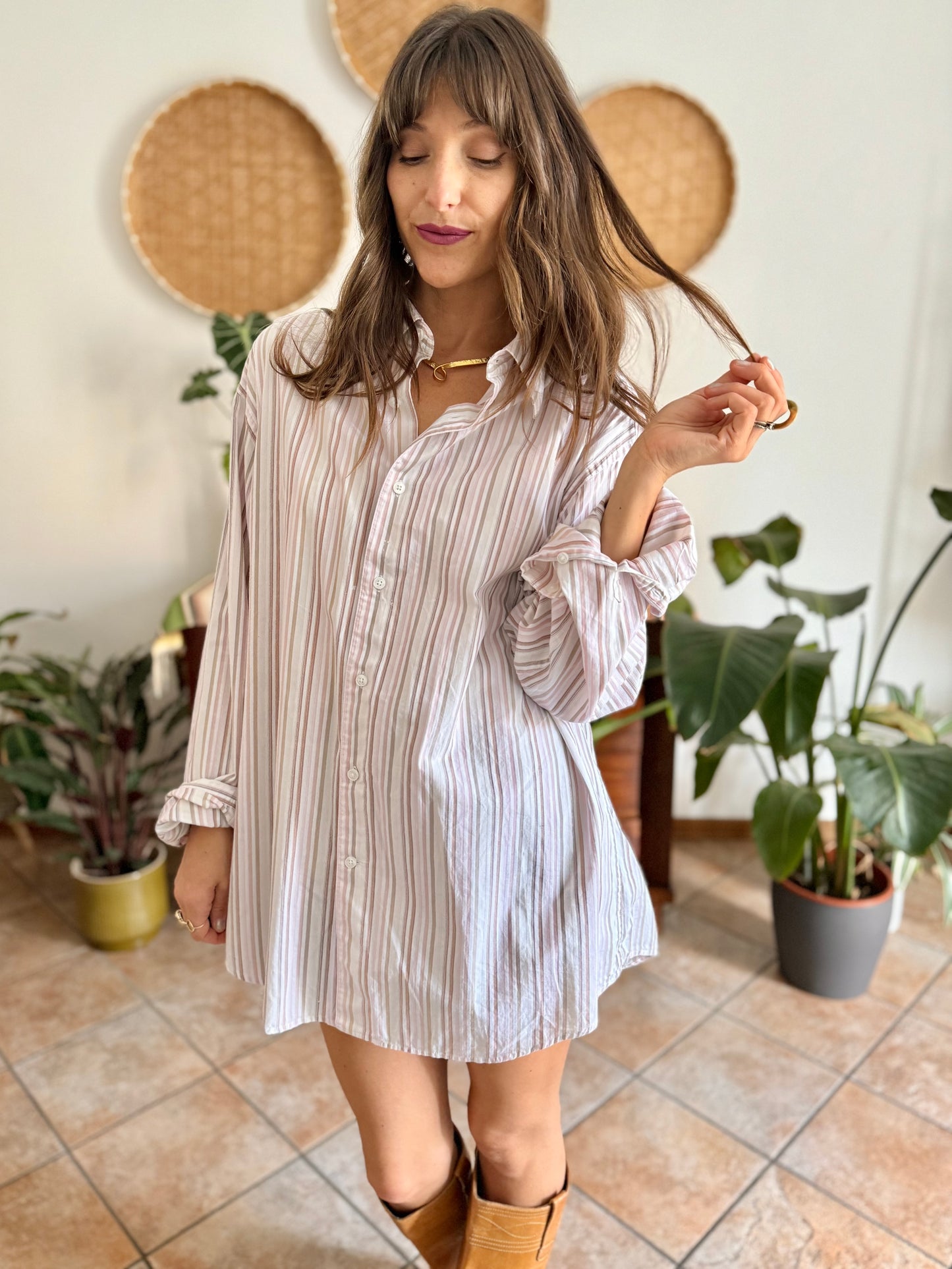 1990's vintage oversize white shirt with pink and tan vertical stripes