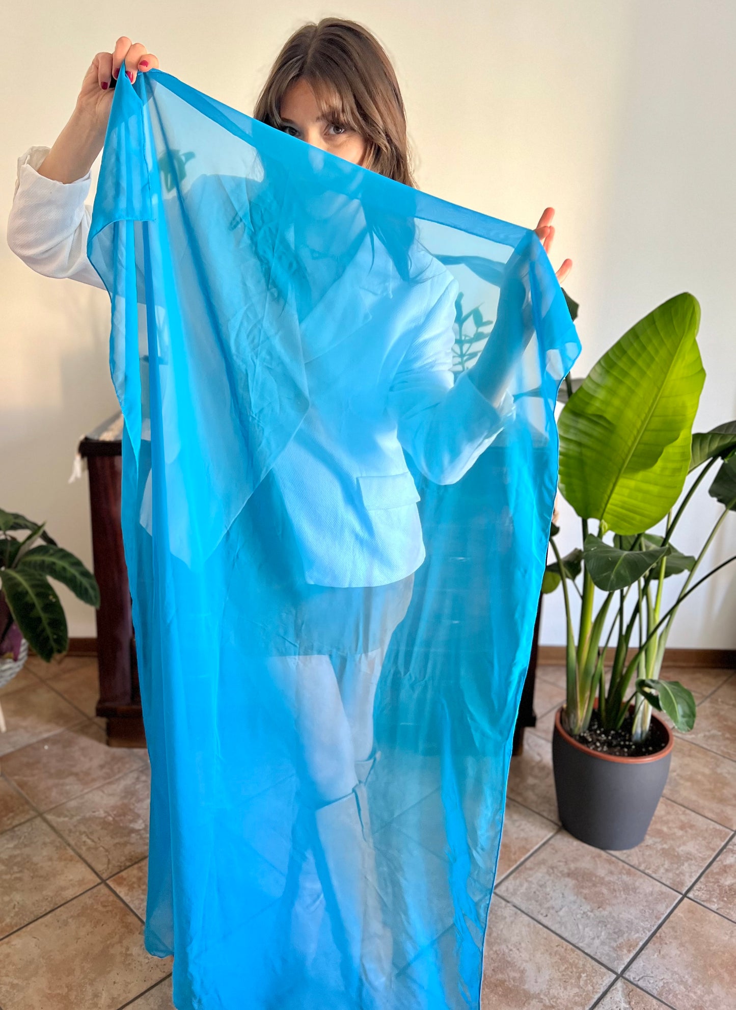 1970's vintage turquoise blue sheer scarf