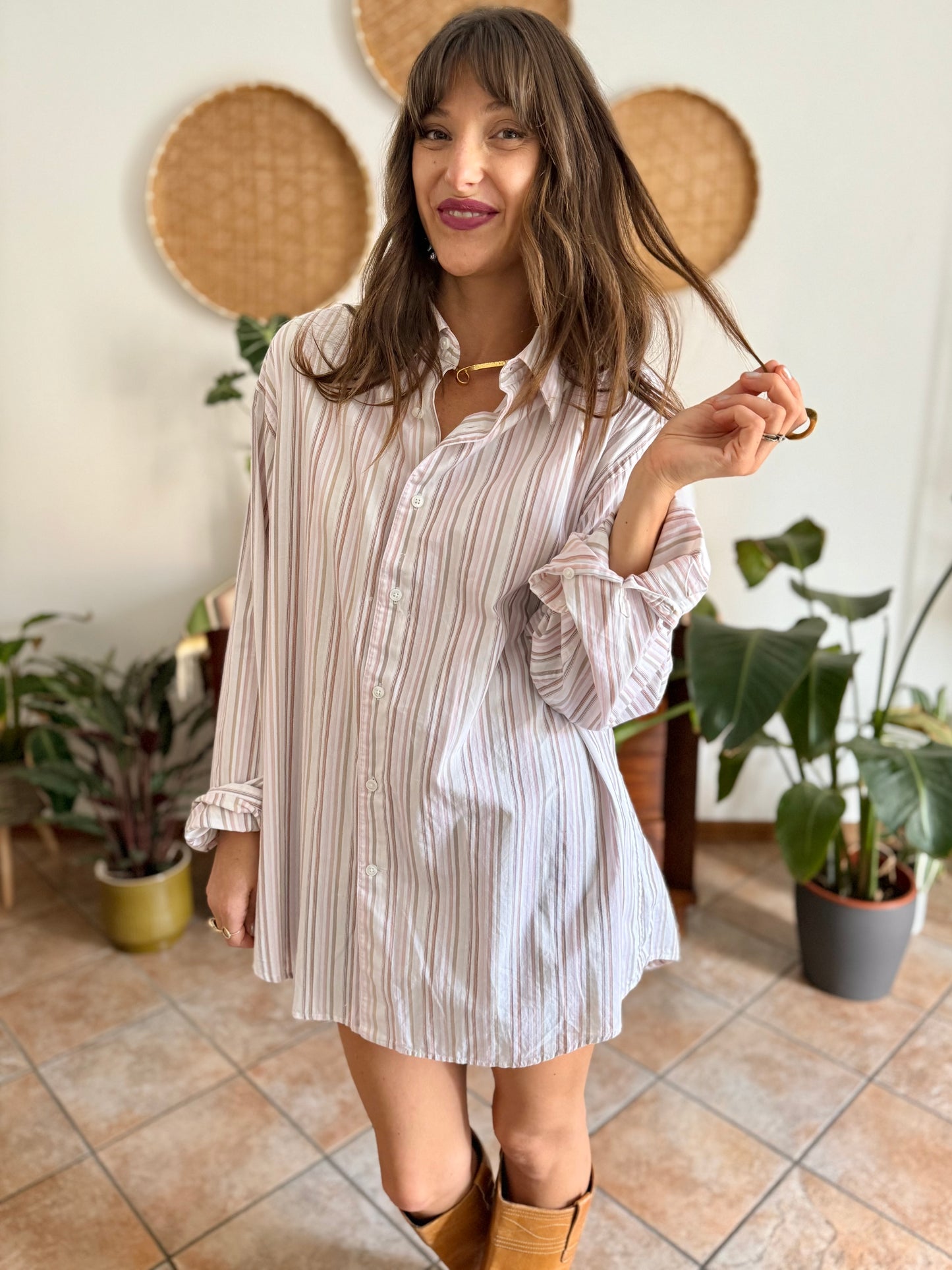 1990's vintage oversize white shirt with pink and tan vertical stripes
