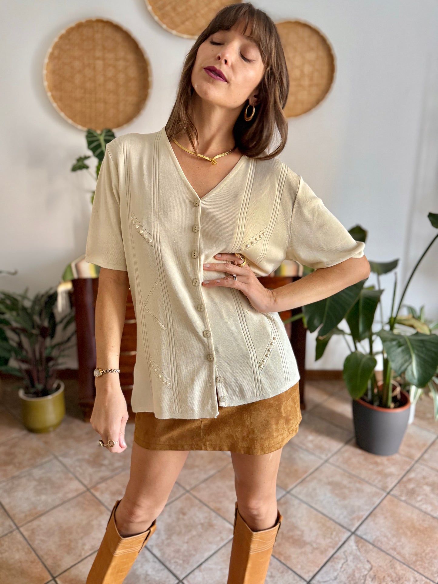 1990's vintage beige silk blend knit top with heart and glass bead details