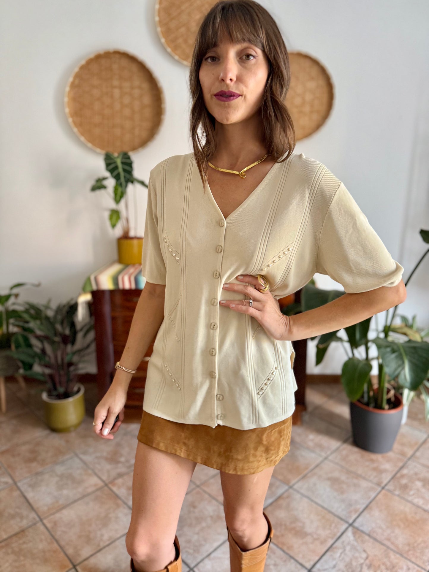 1990's vintage beige silk blend knit top with heart and glass bead details