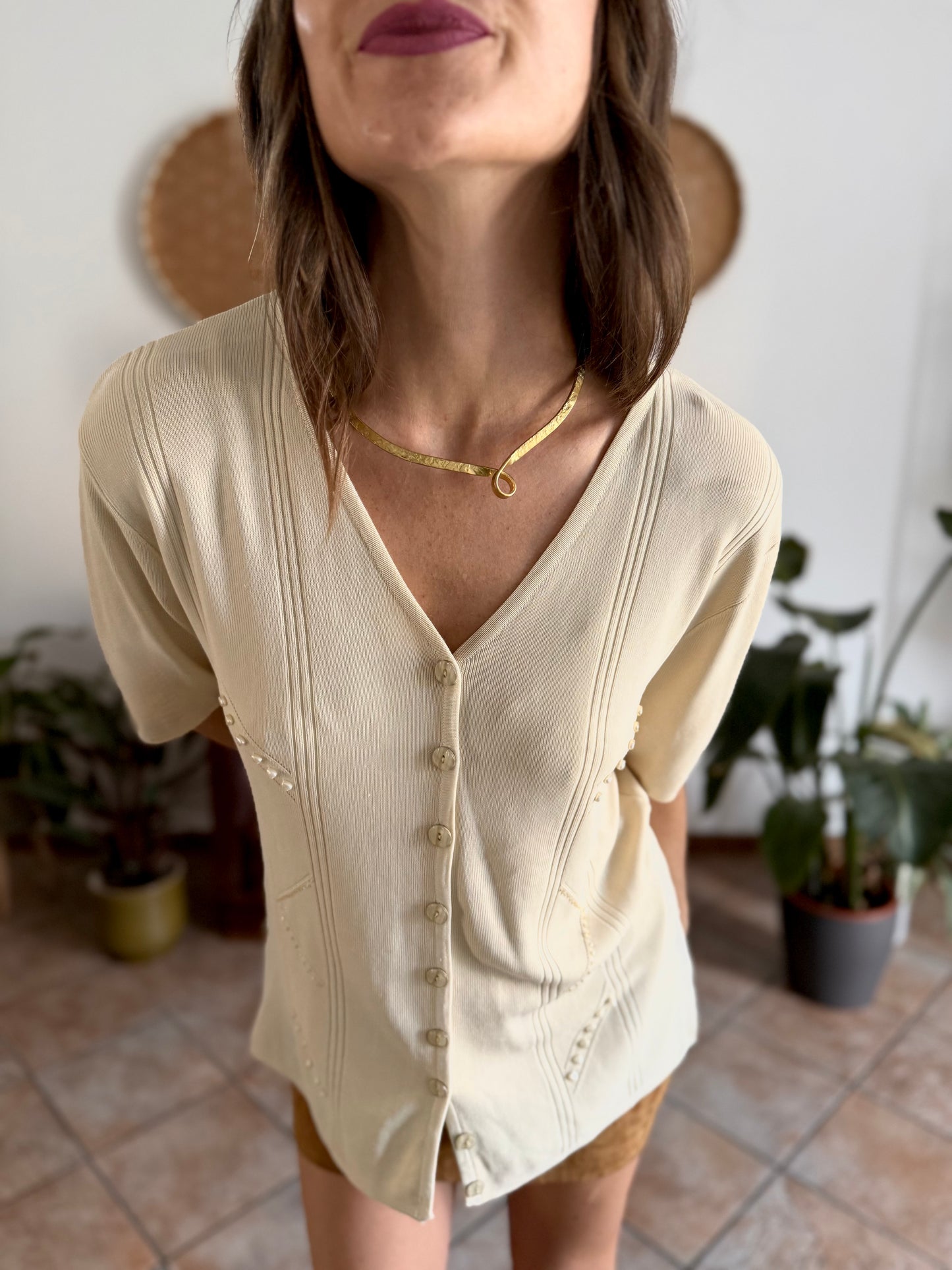 1990's vintage beige silk blend knit top with heart and glass bead details