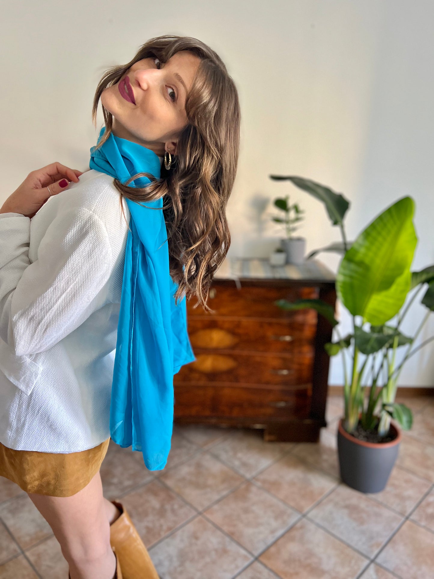 1970's vintage turquoise blue sheer scarf