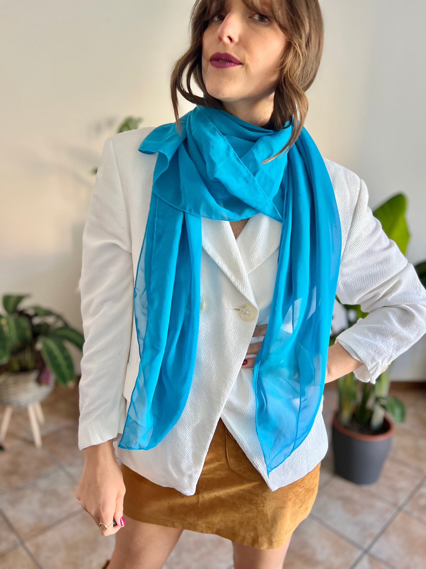 1970's vintage turquoise blue sheer scarf