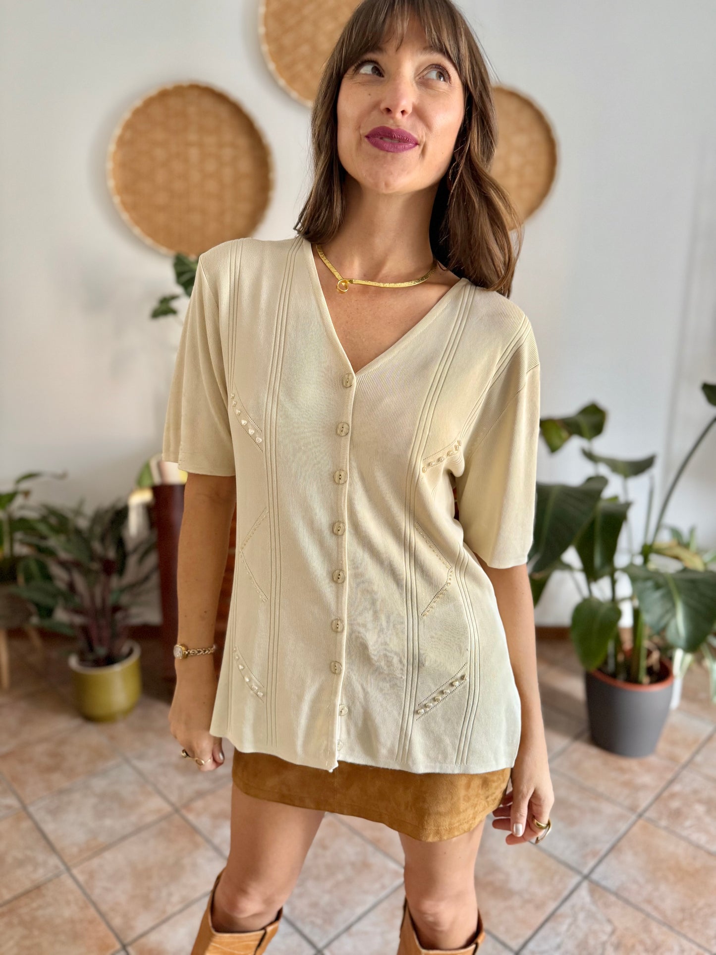 1990's vintage beige silk blend knit top with heart and glass bead details