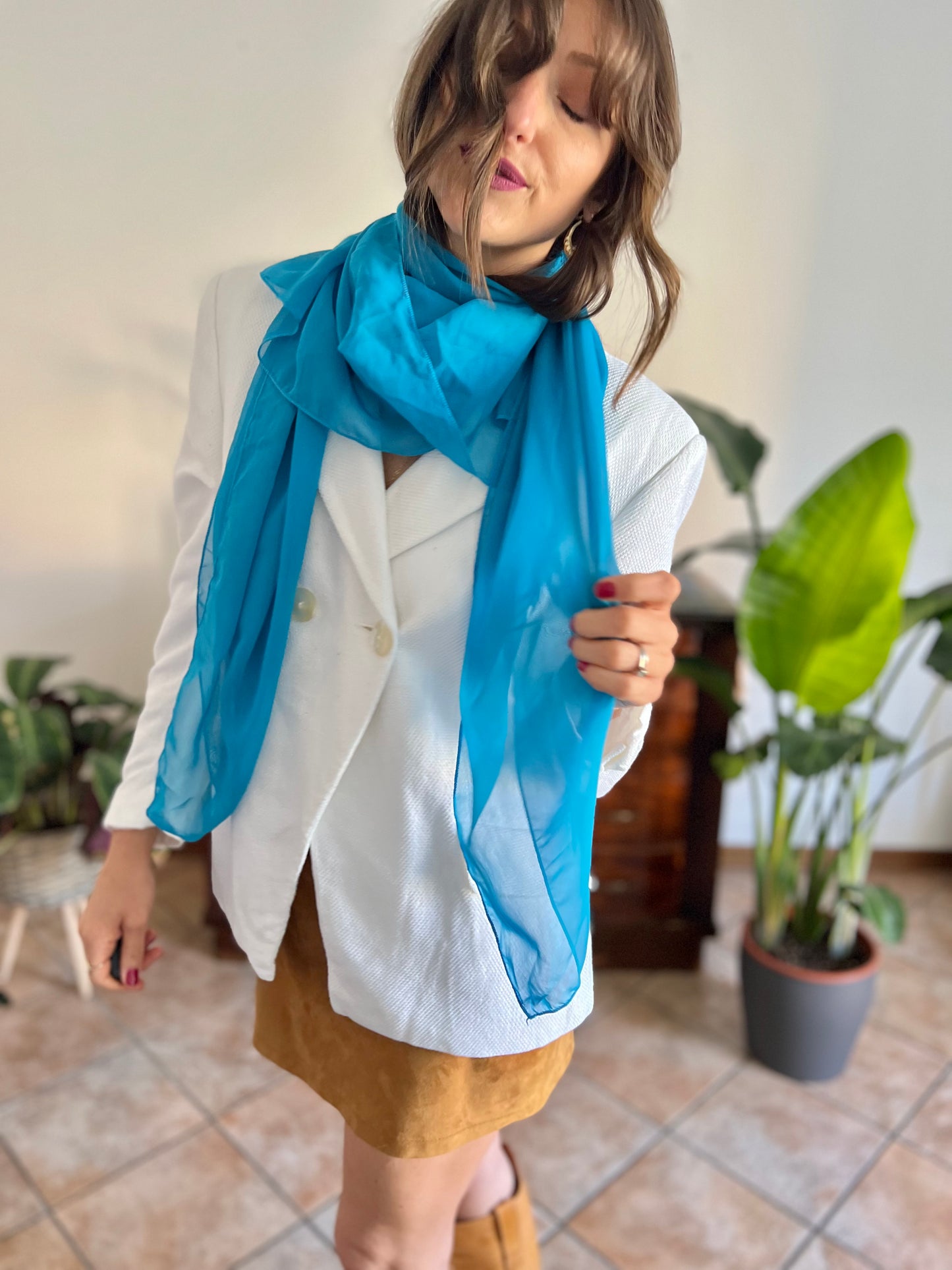 1970's vintage turquoise blue sheer scarf