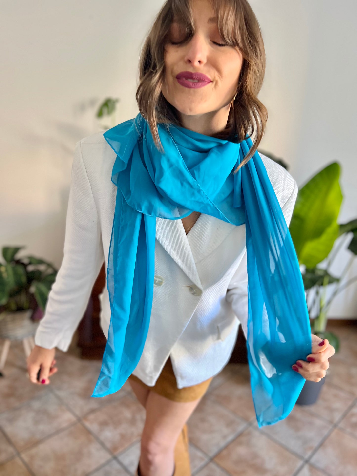 1970's vintage turquoise blue sheer scarf