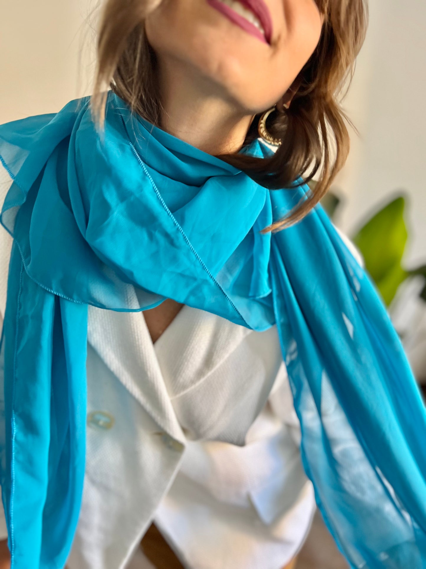 1970's vintage turquoise blue sheer scarf
