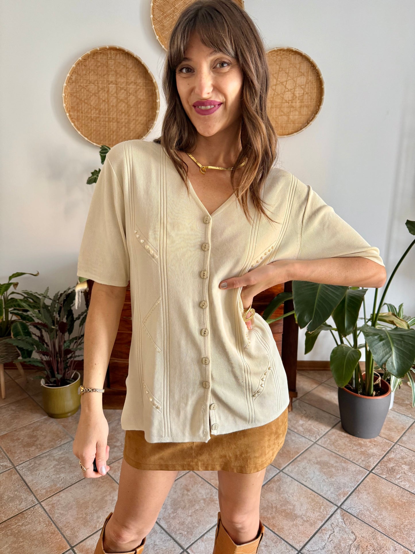 1990's vintage beige silk blend knit top with heart and glass bead details
