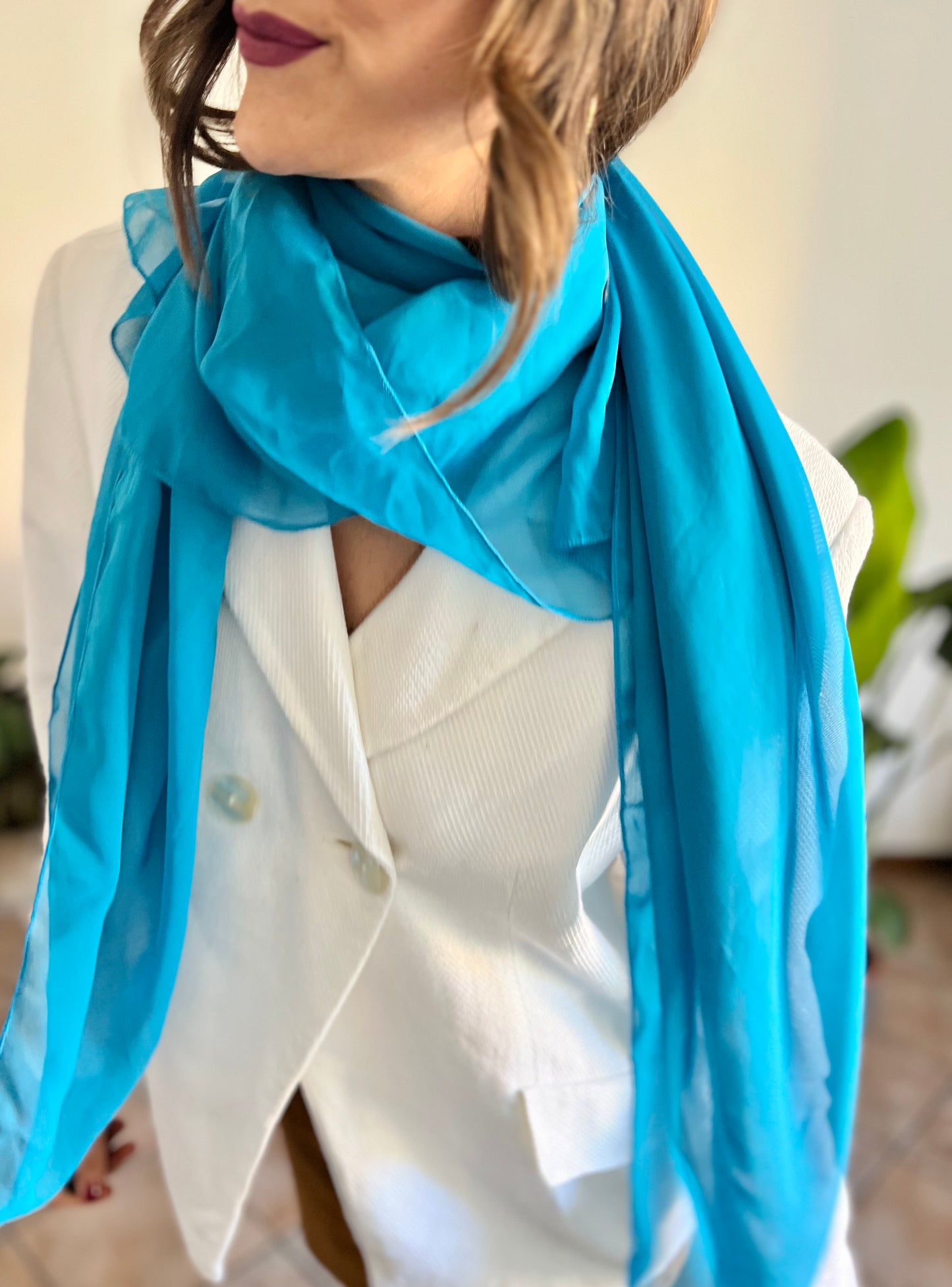 1970's vintage turquoise blue sheer scarf