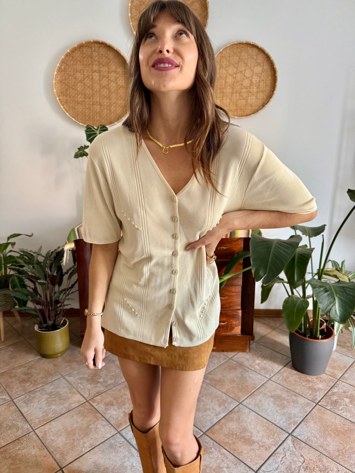 1990's vintage beige silk blend knit top with heart and glass bead details