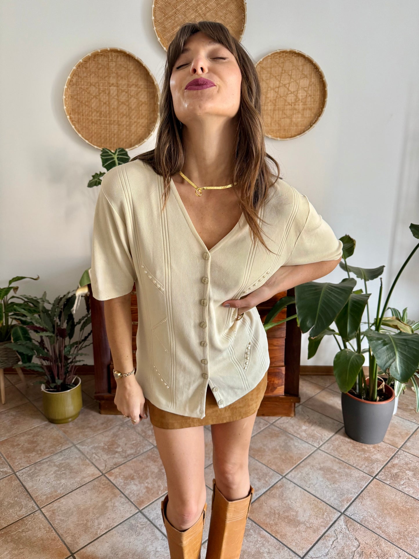 1990's vintage beige silk blend knit top with heart and glass bead details