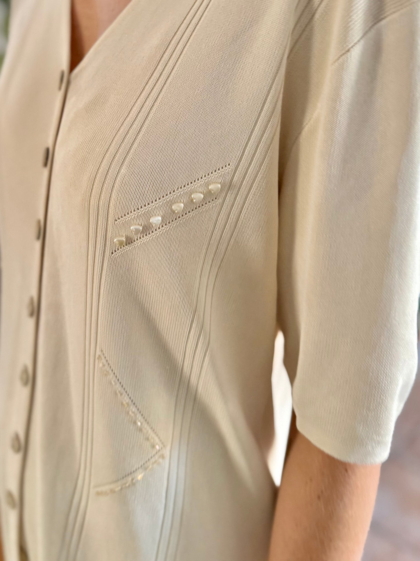 1990's vintage beige silk blend knit top with heart and glass bead details