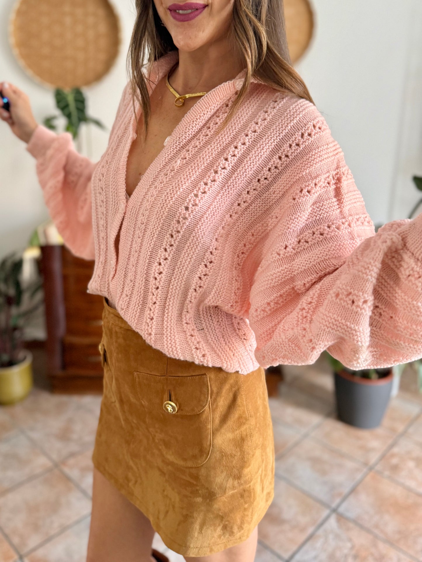 1960's vintage pink balloon sleeve hand knit wool cardigan