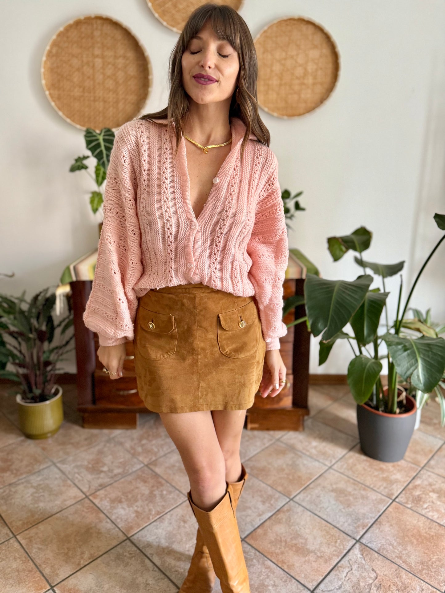 1960's vintage pink balloon sleeve hand knit wool cardigan