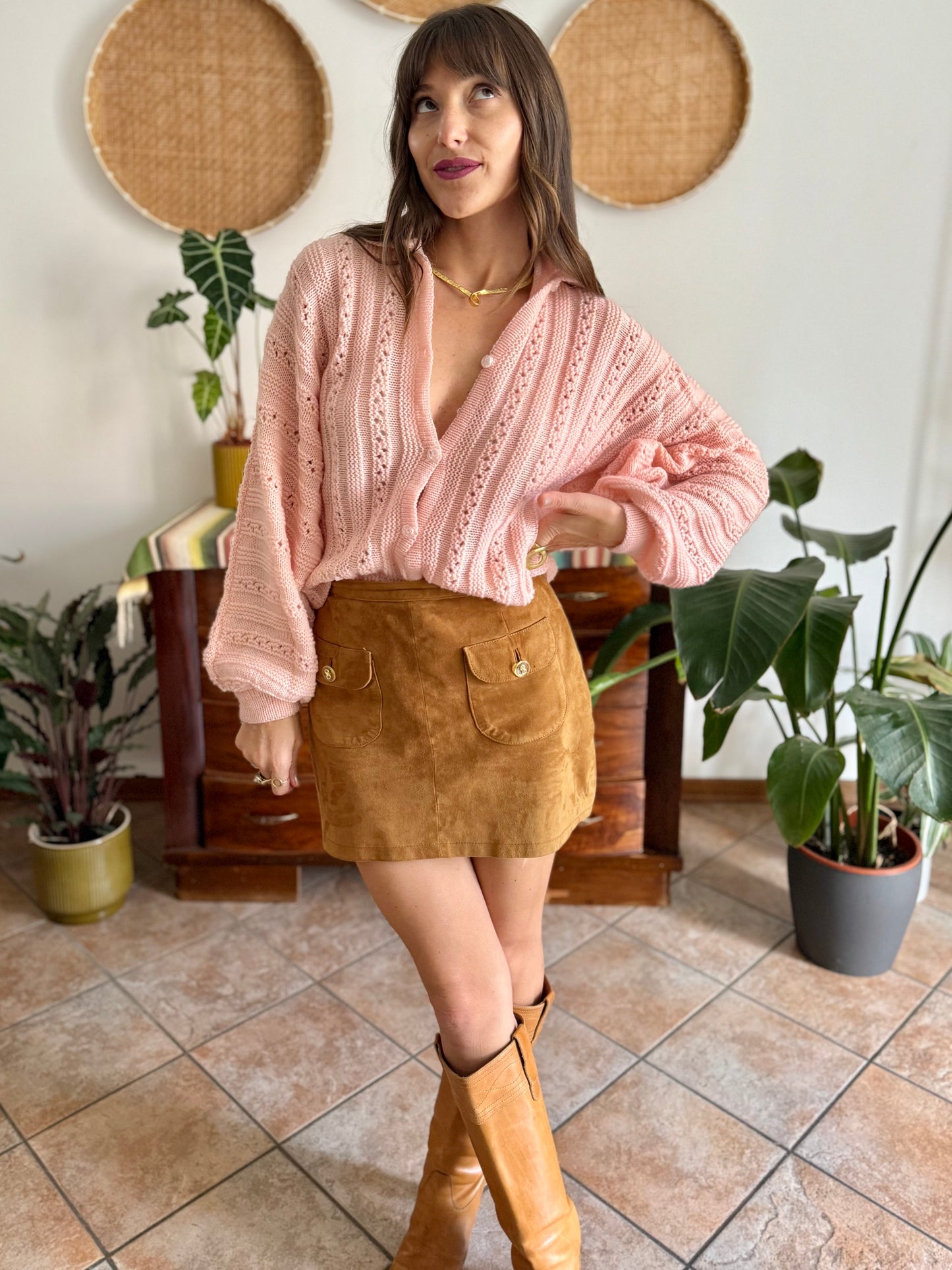 1960's vintage pink balloon sleeve hand knit wool cardigan