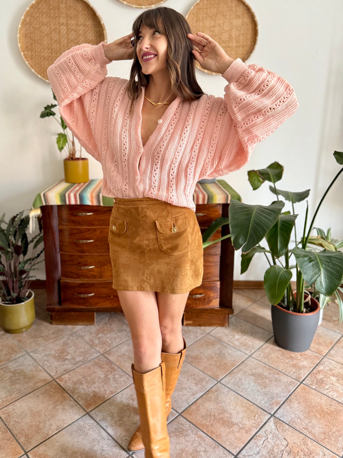 1960's vintage pink balloon sleeve hand knit wool cardigan