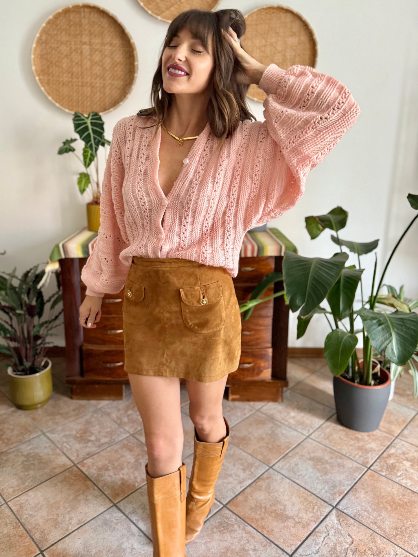 1960's vintage pink balloon sleeve hand knit wool cardigan