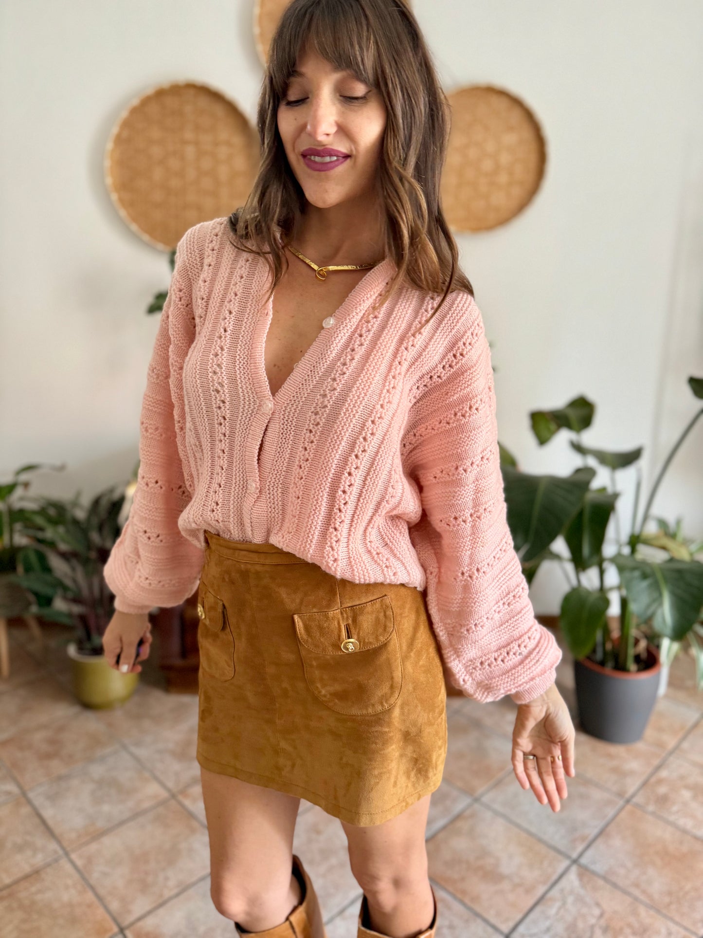 1960's vintage pink balloon sleeve hand knit wool cardigan