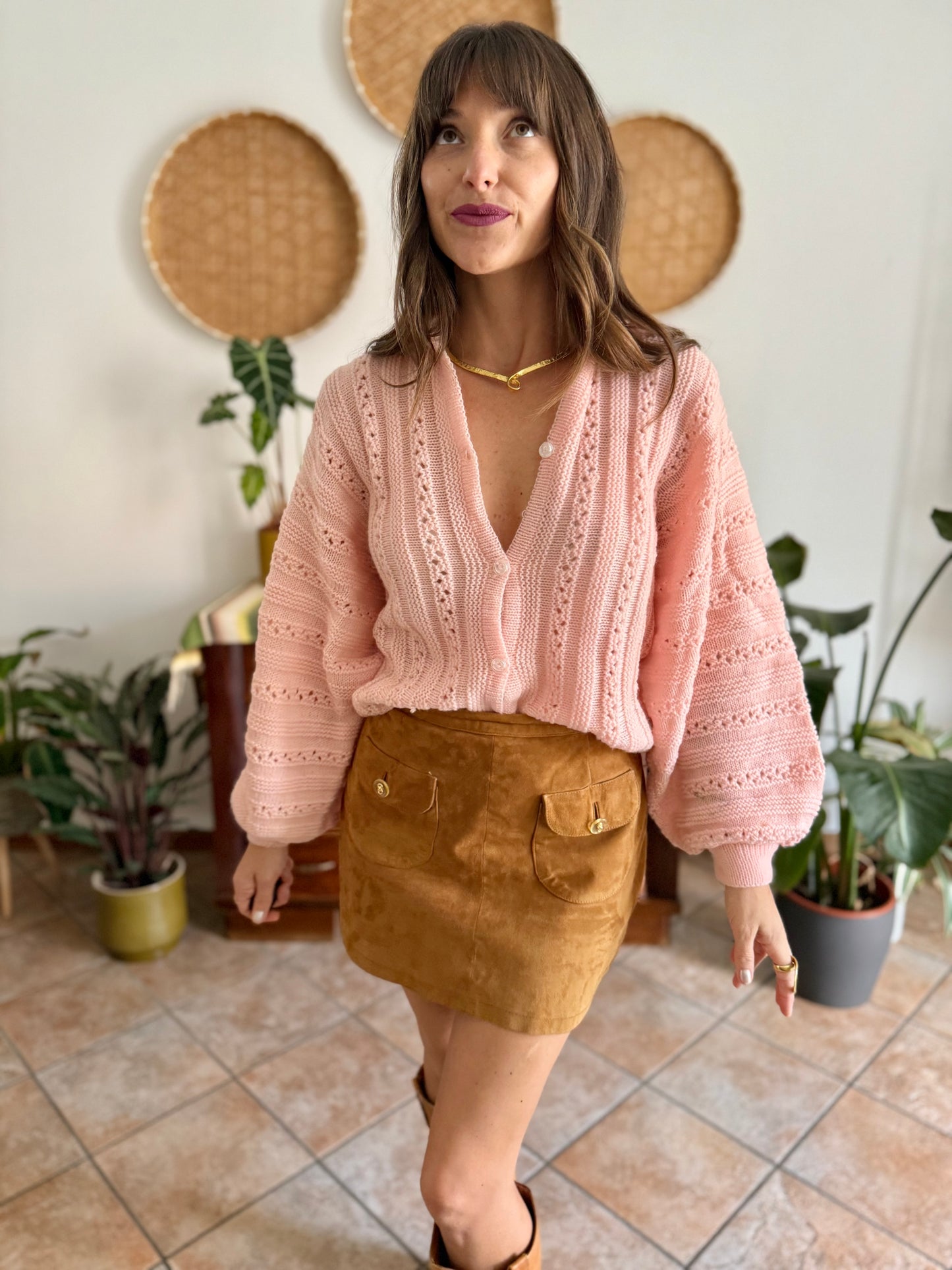 1960's vintage pink balloon sleeve hand knit wool cardigan