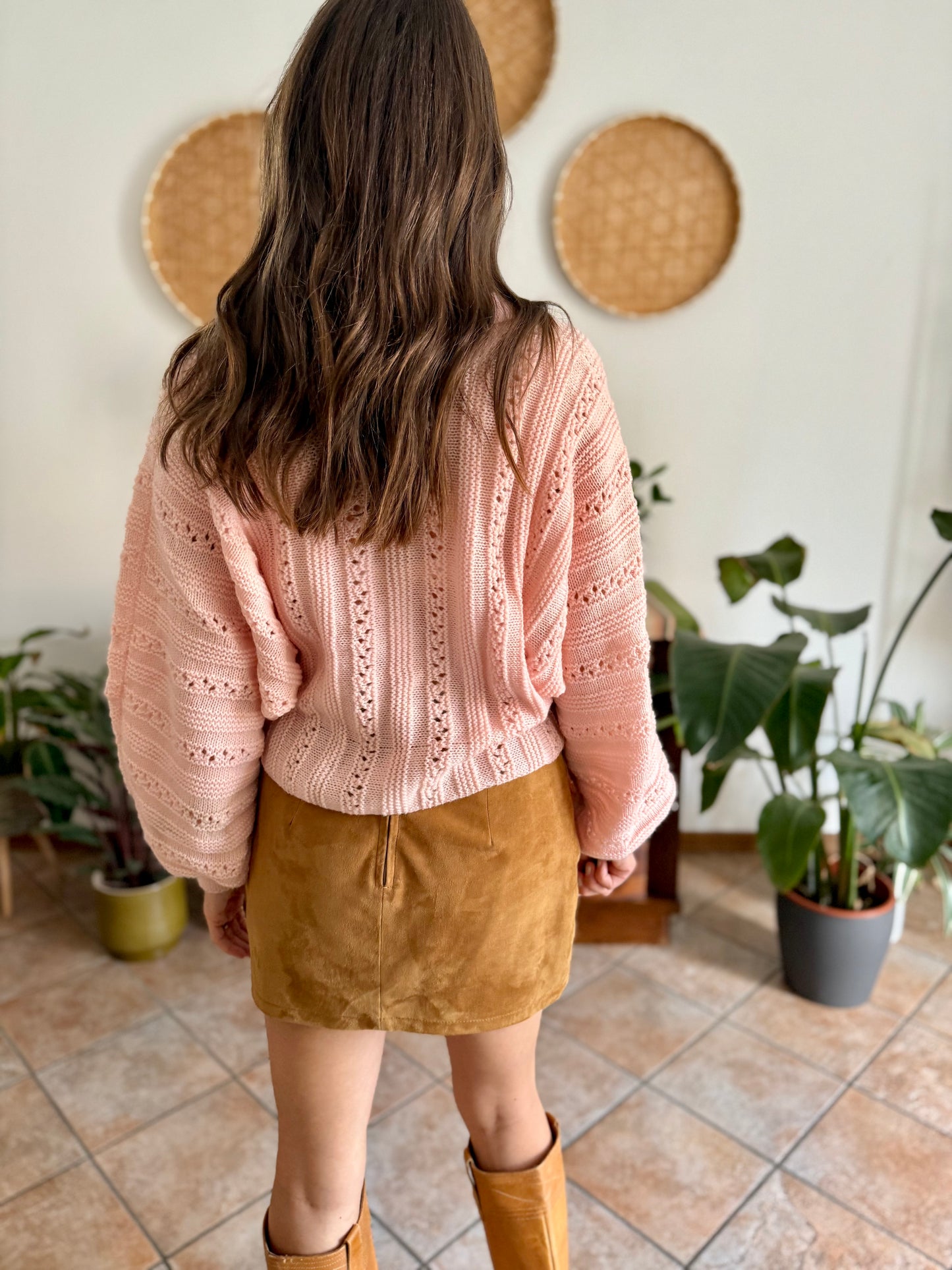 1960's vintage pink balloon sleeve hand knit wool cardigan