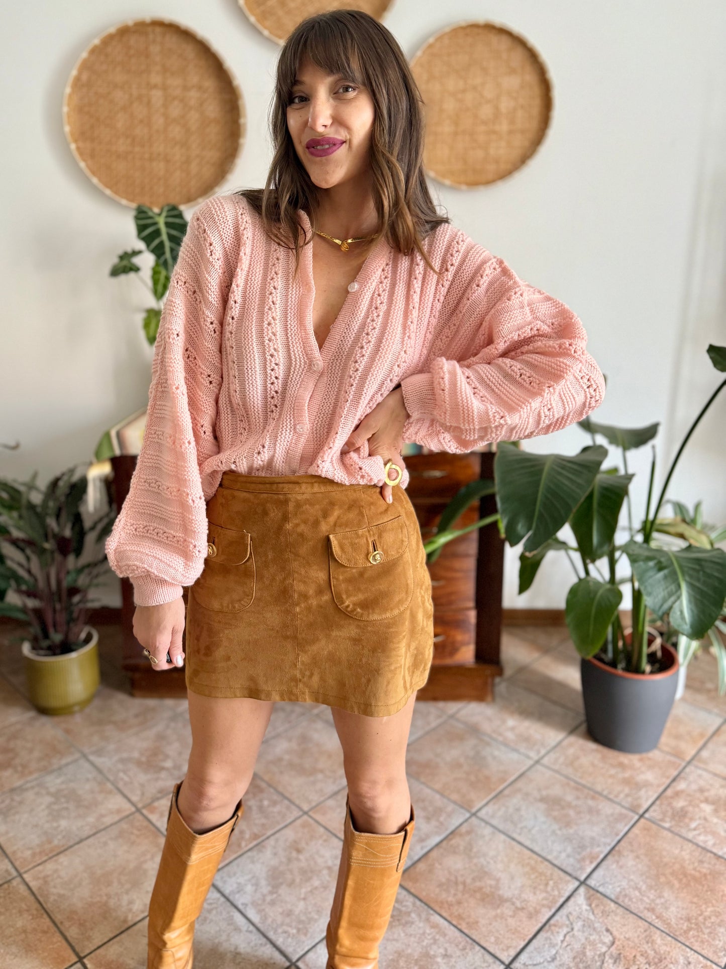 1960's vintage pink balloon sleeve hand knit wool cardigan