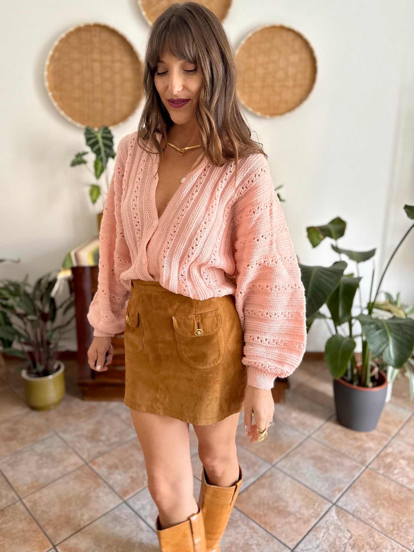 1960's vintage pink balloon sleeve hand knit wool cardigan