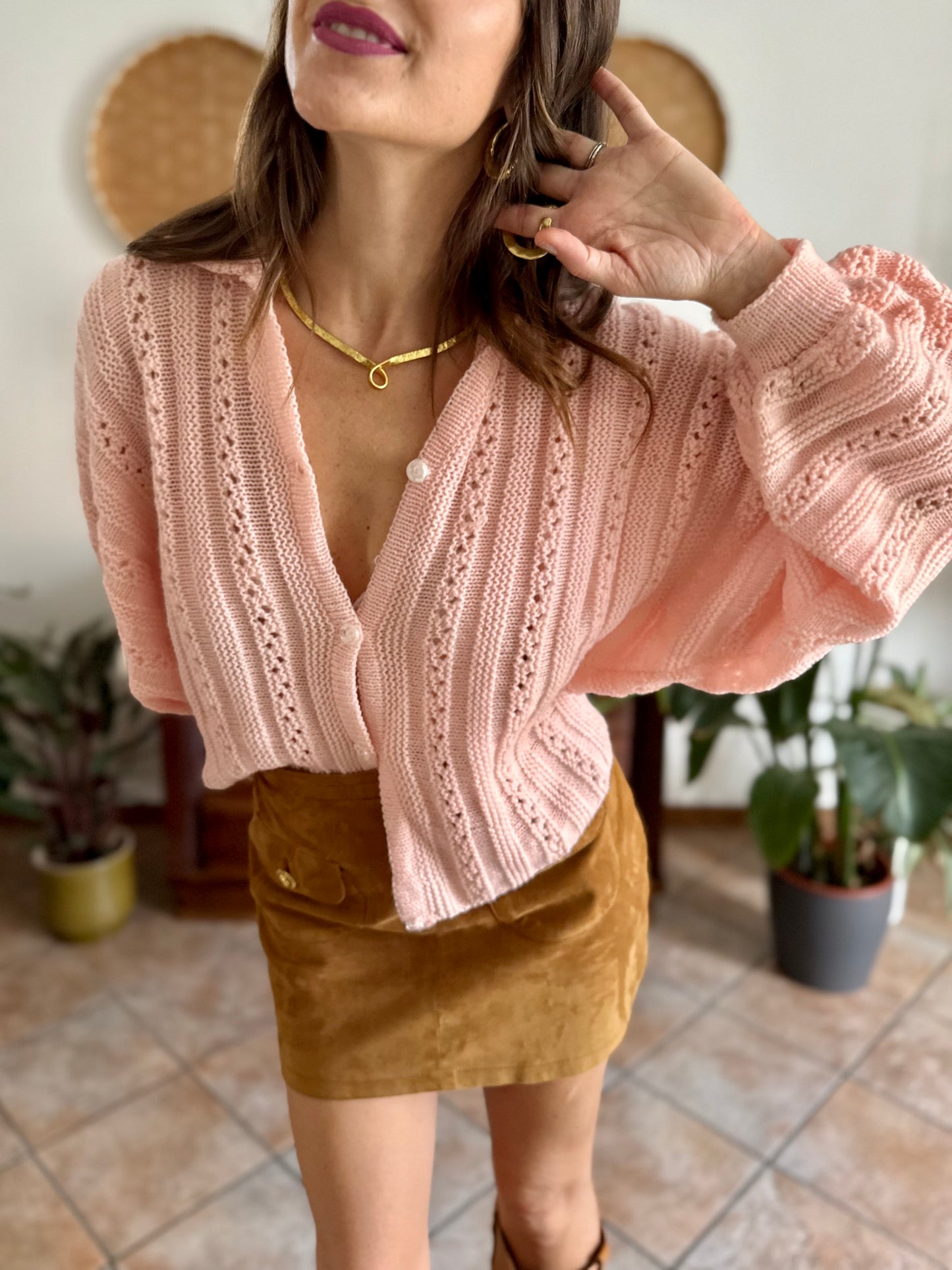 1960's vintage pink balloon sleeve hand knit wool cardigan