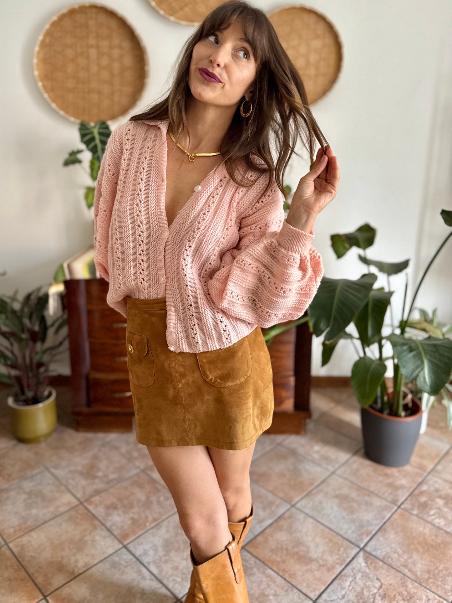 1960's vintage pink balloon sleeve hand knit wool cardigan
