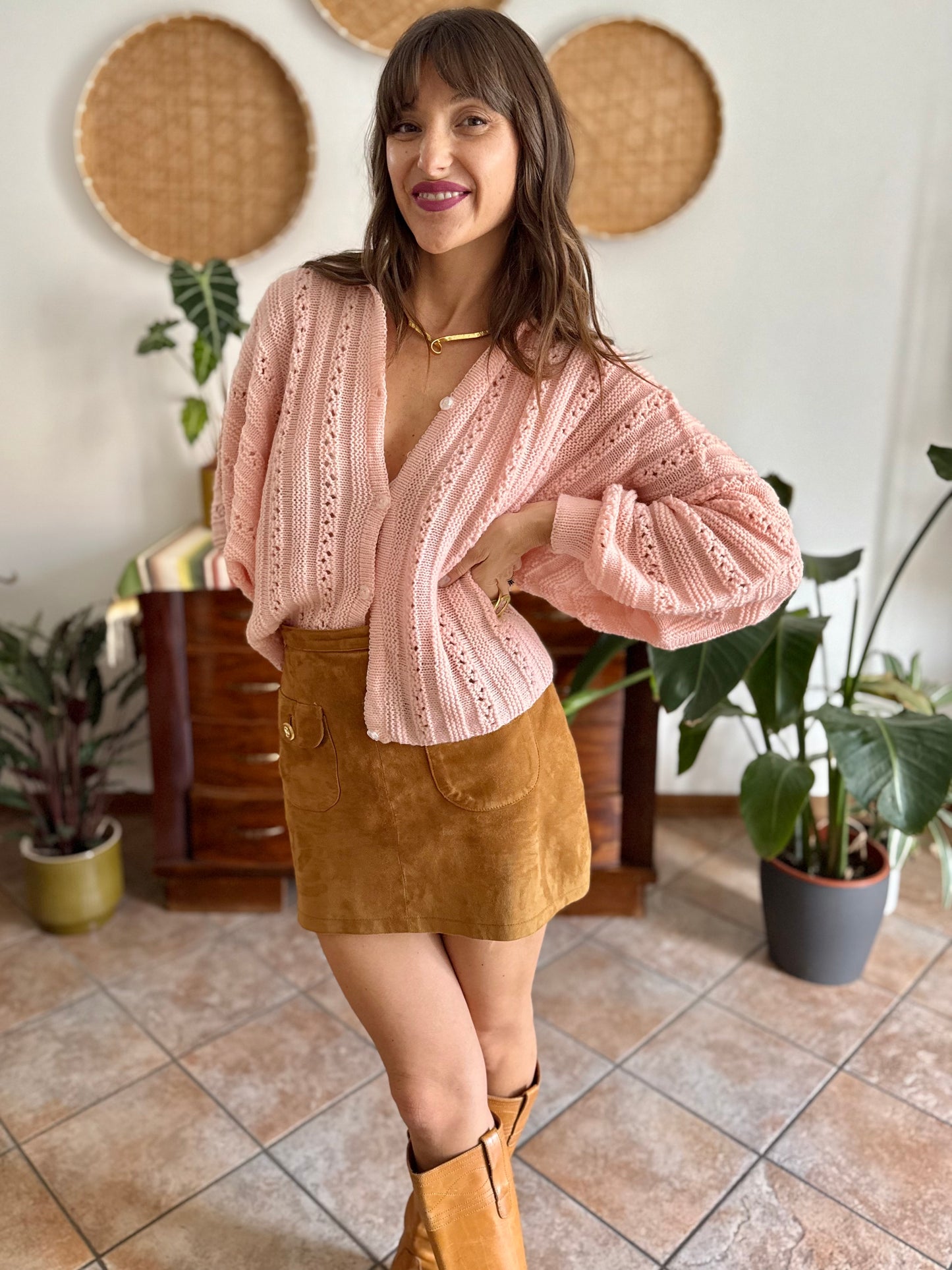 1960's vintage pink balloon sleeve hand knit wool cardigan