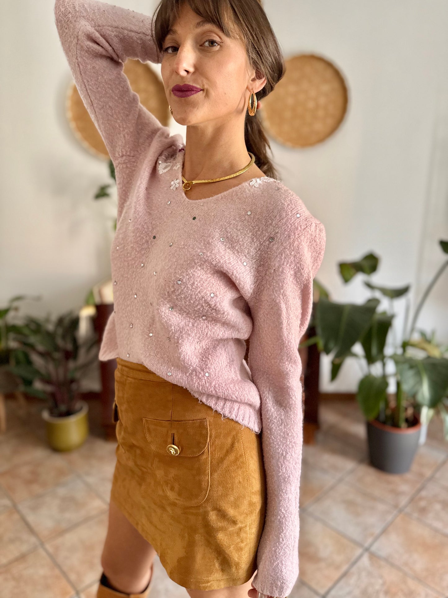 1990's vintage mohair blend powder pink knit pullover with glass bead and sequin floral details