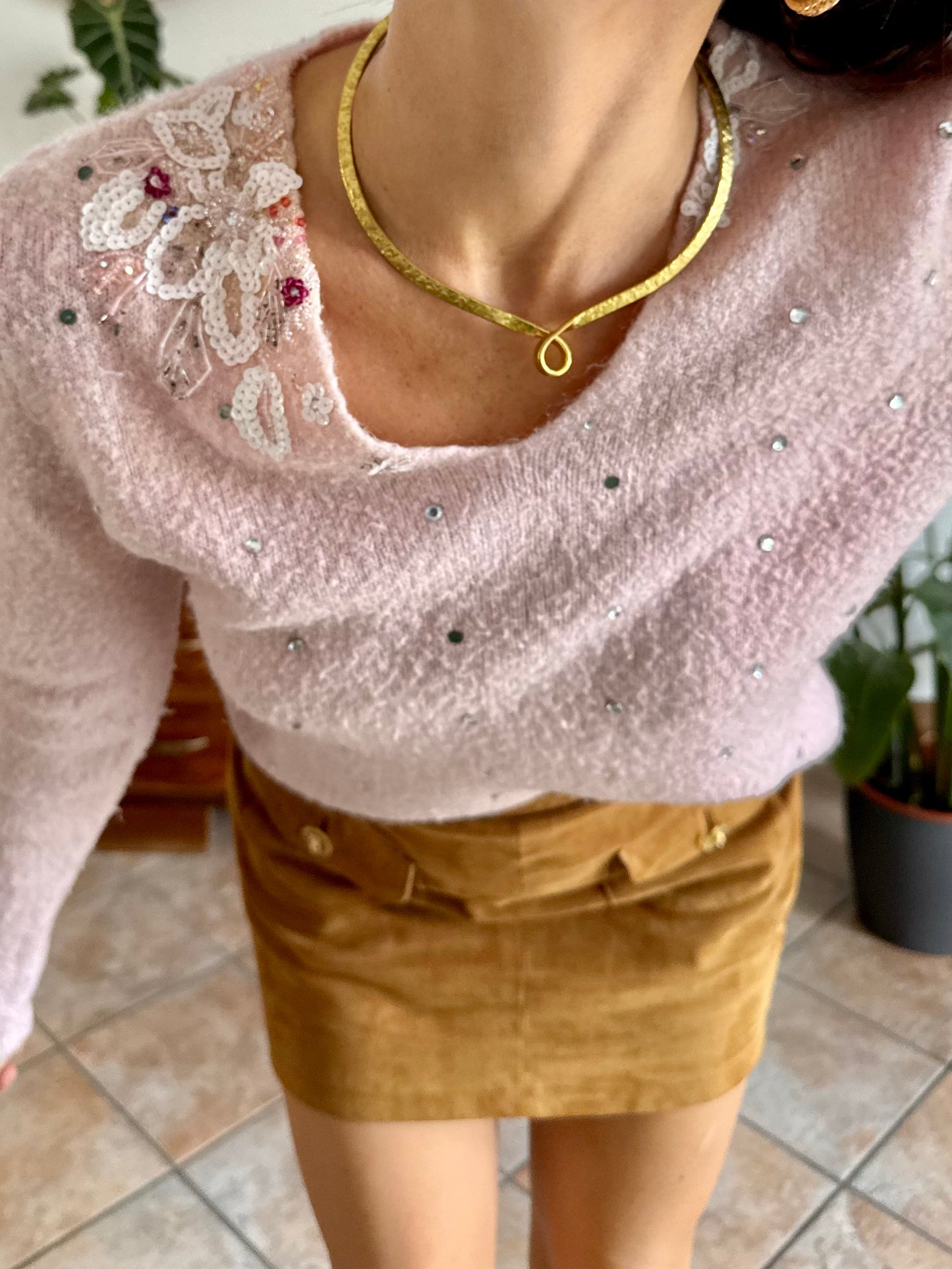 1990's vintage mohair blend powder pink knit pullover with glass bead and sequin floral details