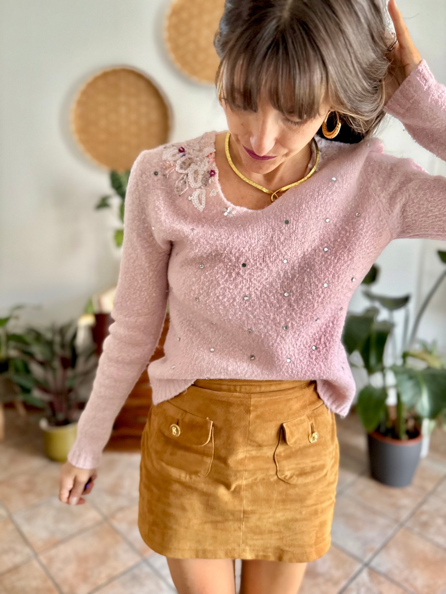1990's vintage mohair blend powder pink knit pullover with glass bead and sequin floral details