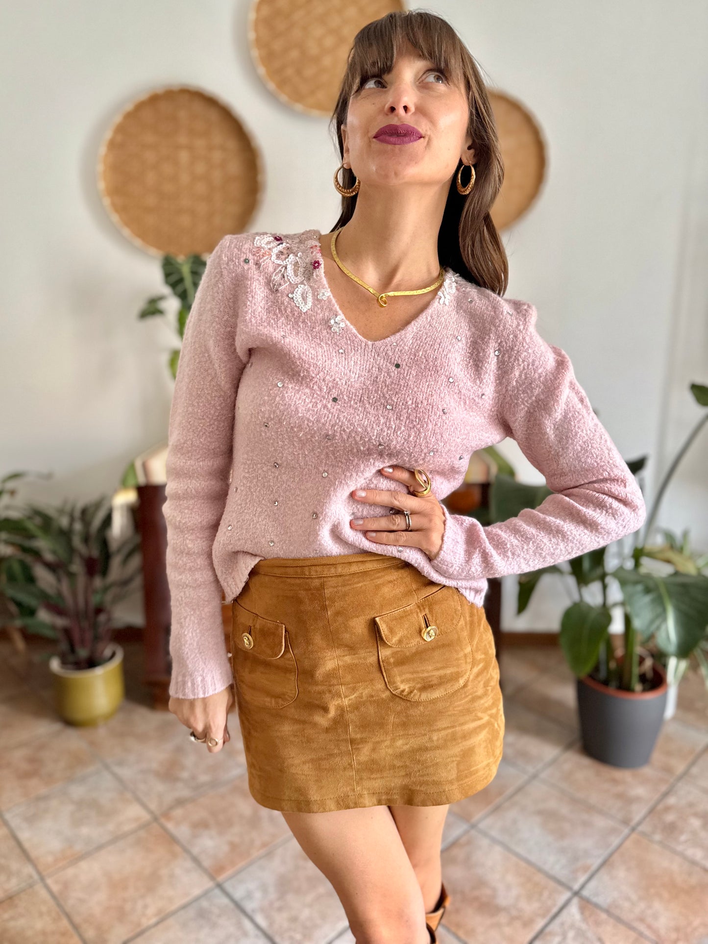 1990's vintage mohair blend powder pink knit pullover with glass bead and sequin floral details