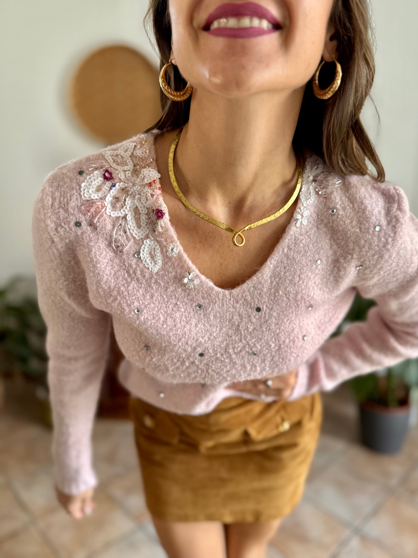 1990's vintage mohair blend powder pink knit pullover with glass bead and sequin floral details
