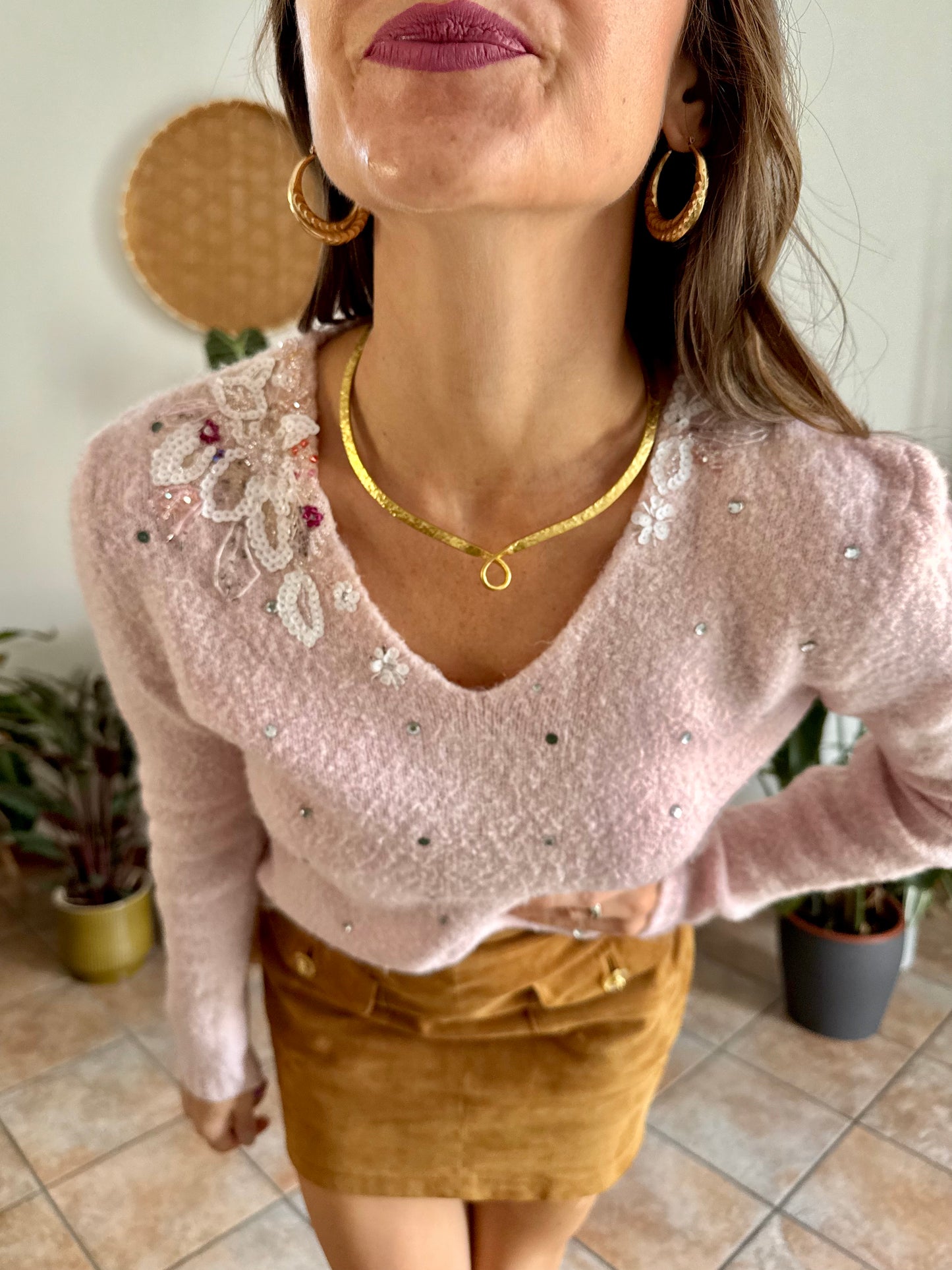 1990's vintage mohair blend powder pink knit pullover with glass bead and sequin floral details