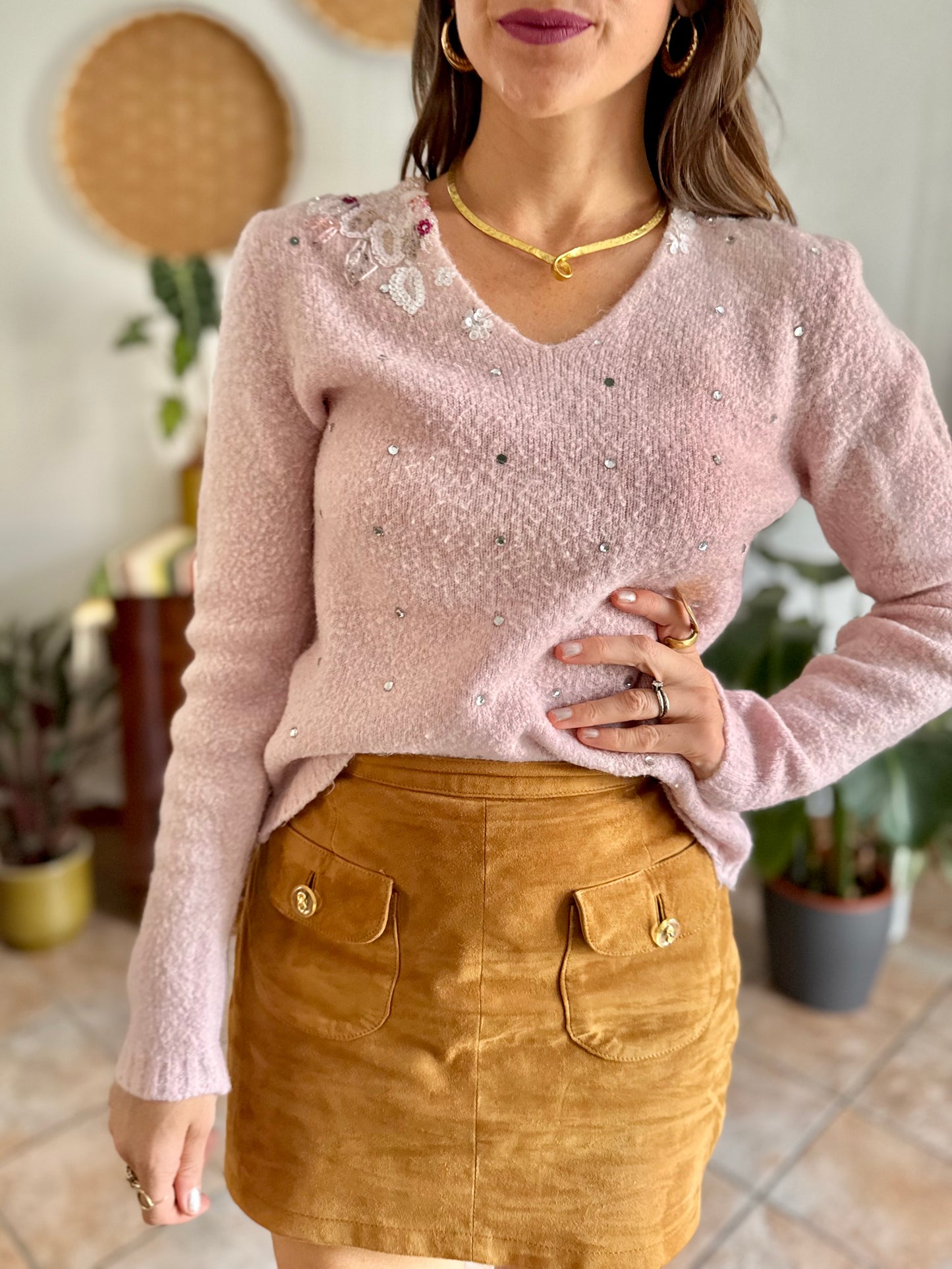 1990's vintage mohair blend powder pink knit pullover with glass bead and sequin floral details