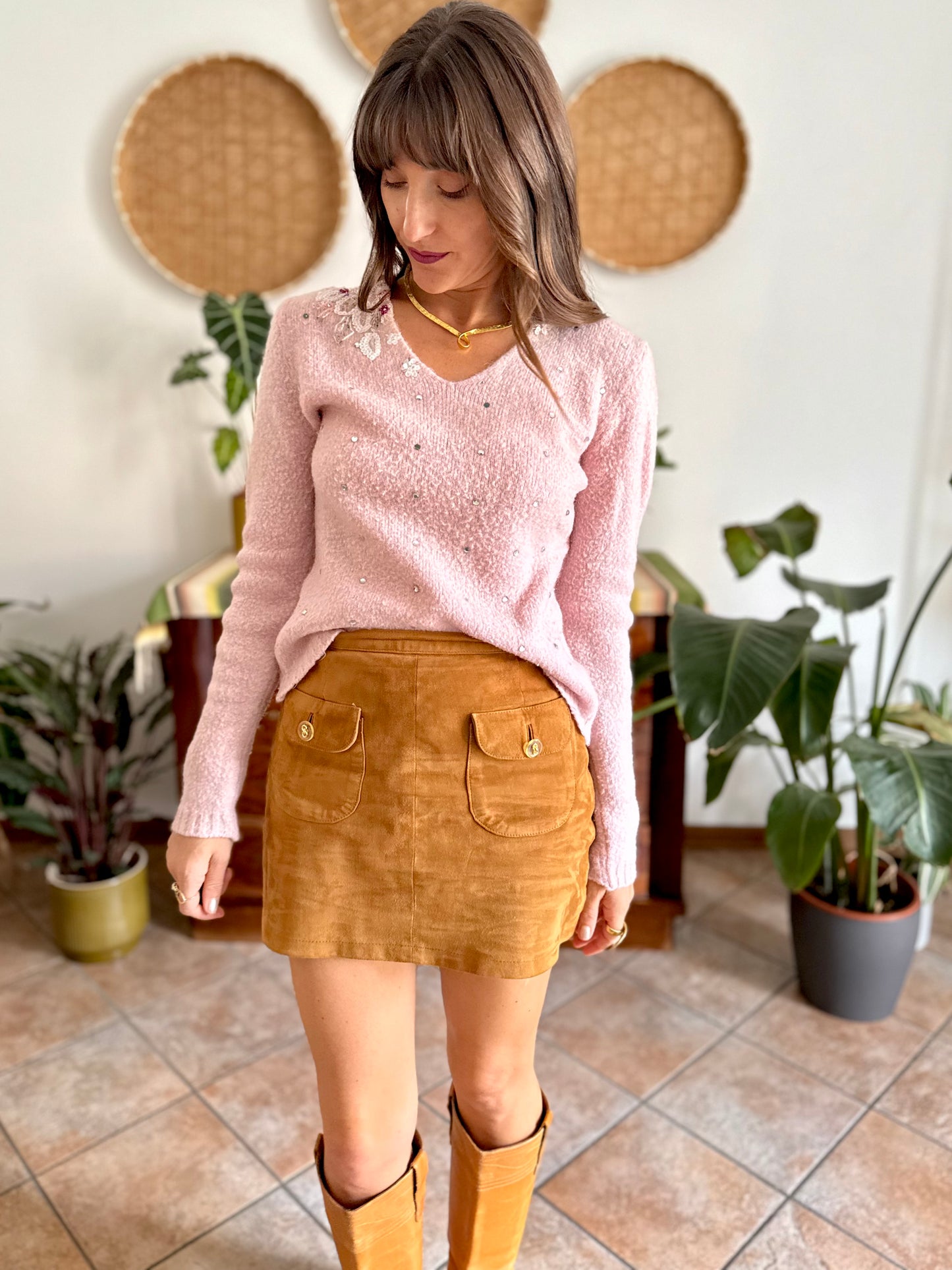 1990's vintage mohair blend powder pink knit pullover with glass bead and sequin floral details