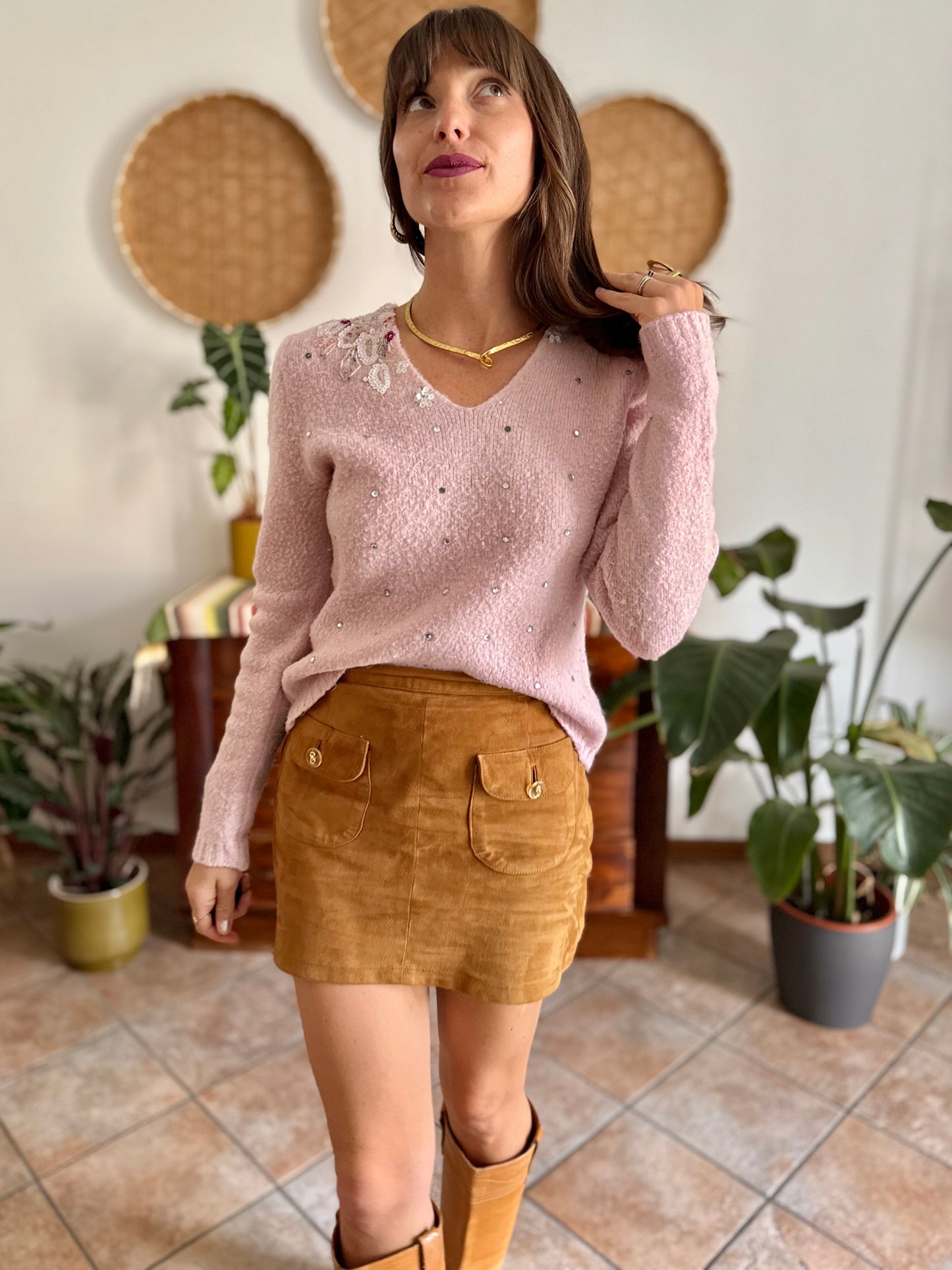 1990's vintage mohair blend powder pink knit pullover with glass bead and sequin floral details