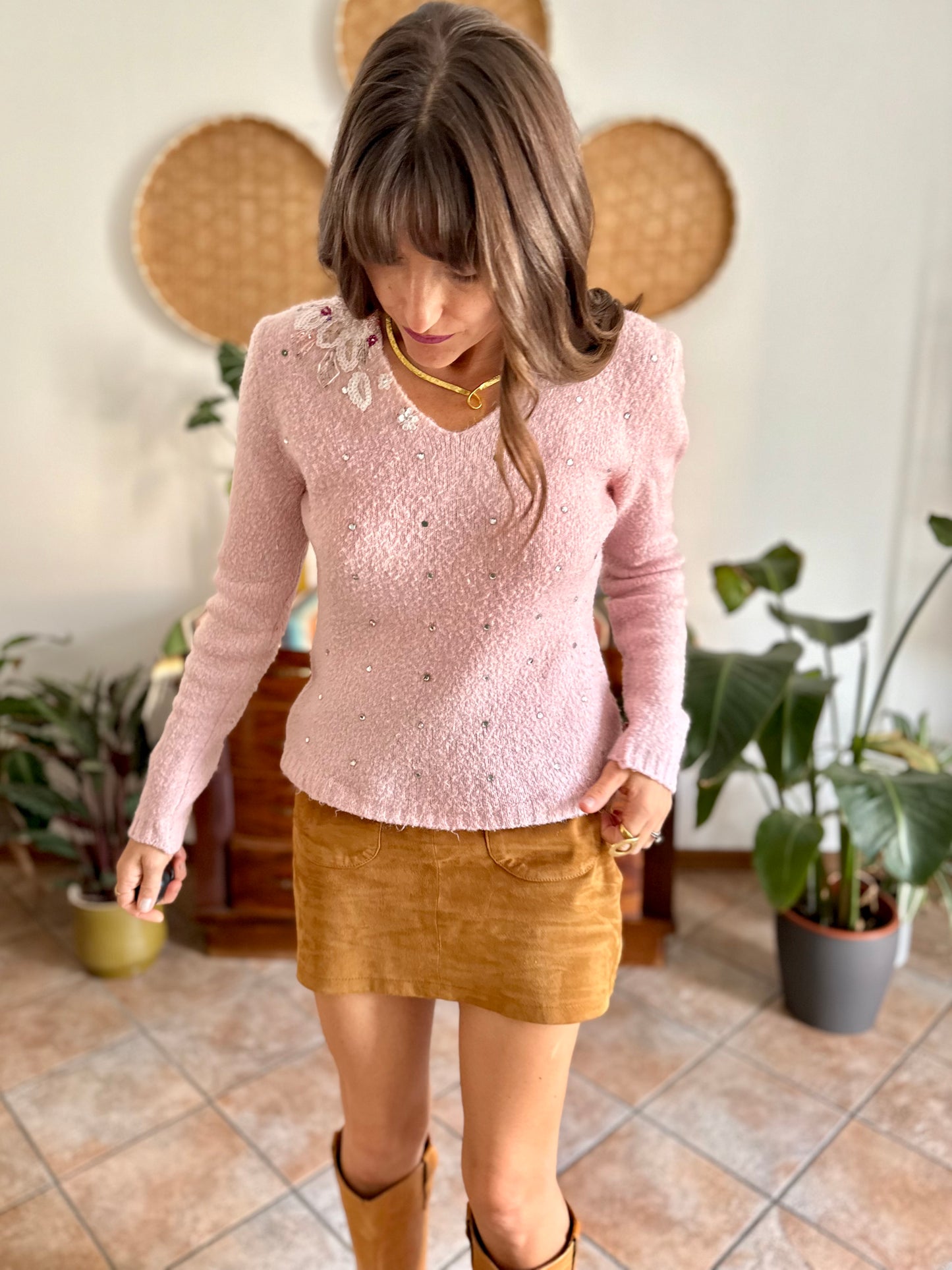 1990's vintage mohair blend powder pink knit pullover with glass bead and sequin floral details