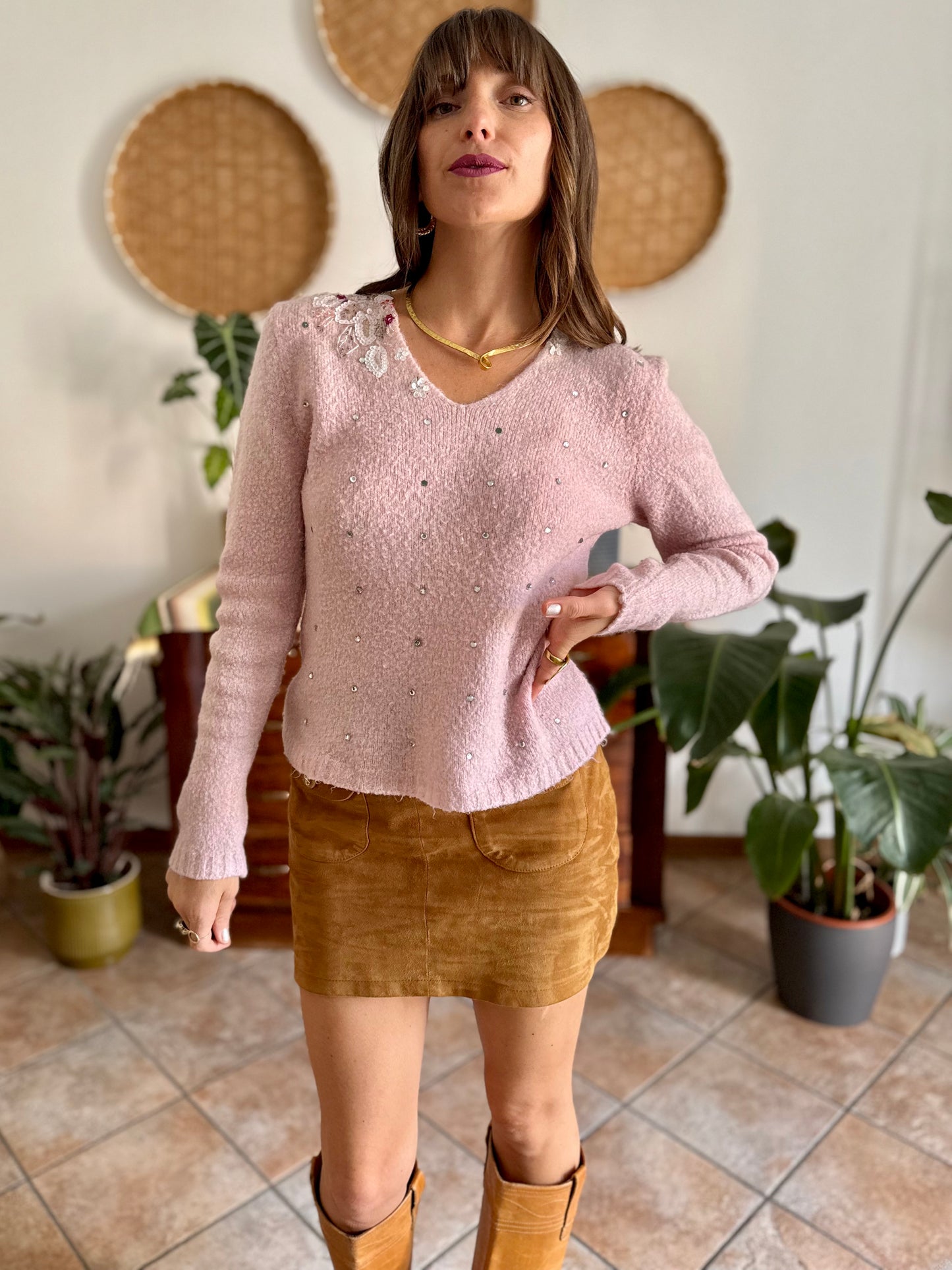 1990's vintage mohair blend powder pink knit pullover with glass bead and sequin floral details