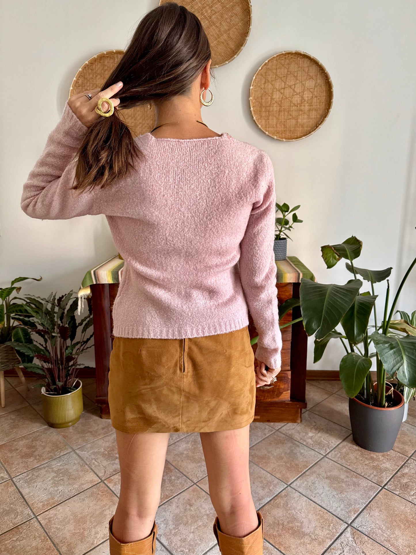 1990's vintage mohair blend powder pink knit pullover with glass bead and sequin floral details