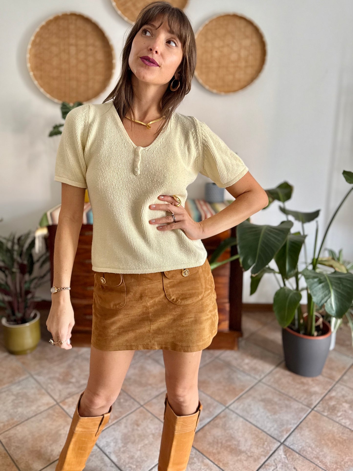 1970's vintage butter yellow knit cotton short sleeve pullover