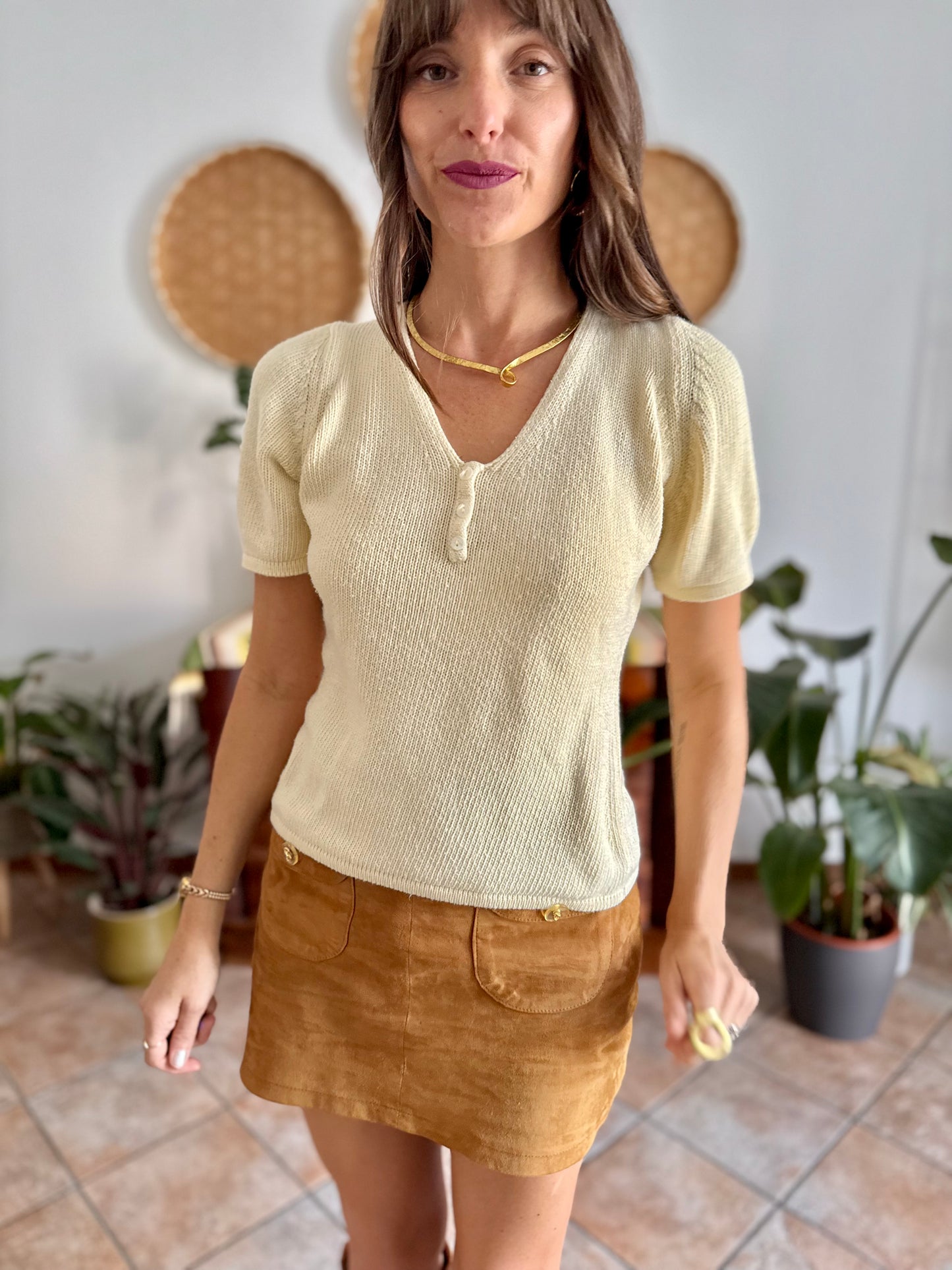 1970's vintage butter yellow knit cotton short sleeve pullover
